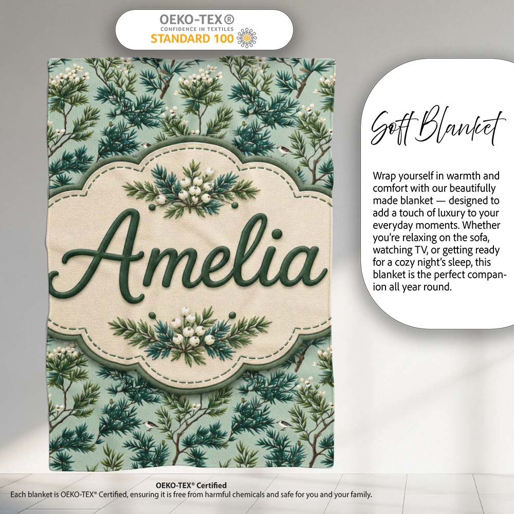 Botanical Pine Branch with White Blossoms and Birds on Soft Green Personalised Custom Name Super Soft Fleece Blanket Bed Sofa Throw