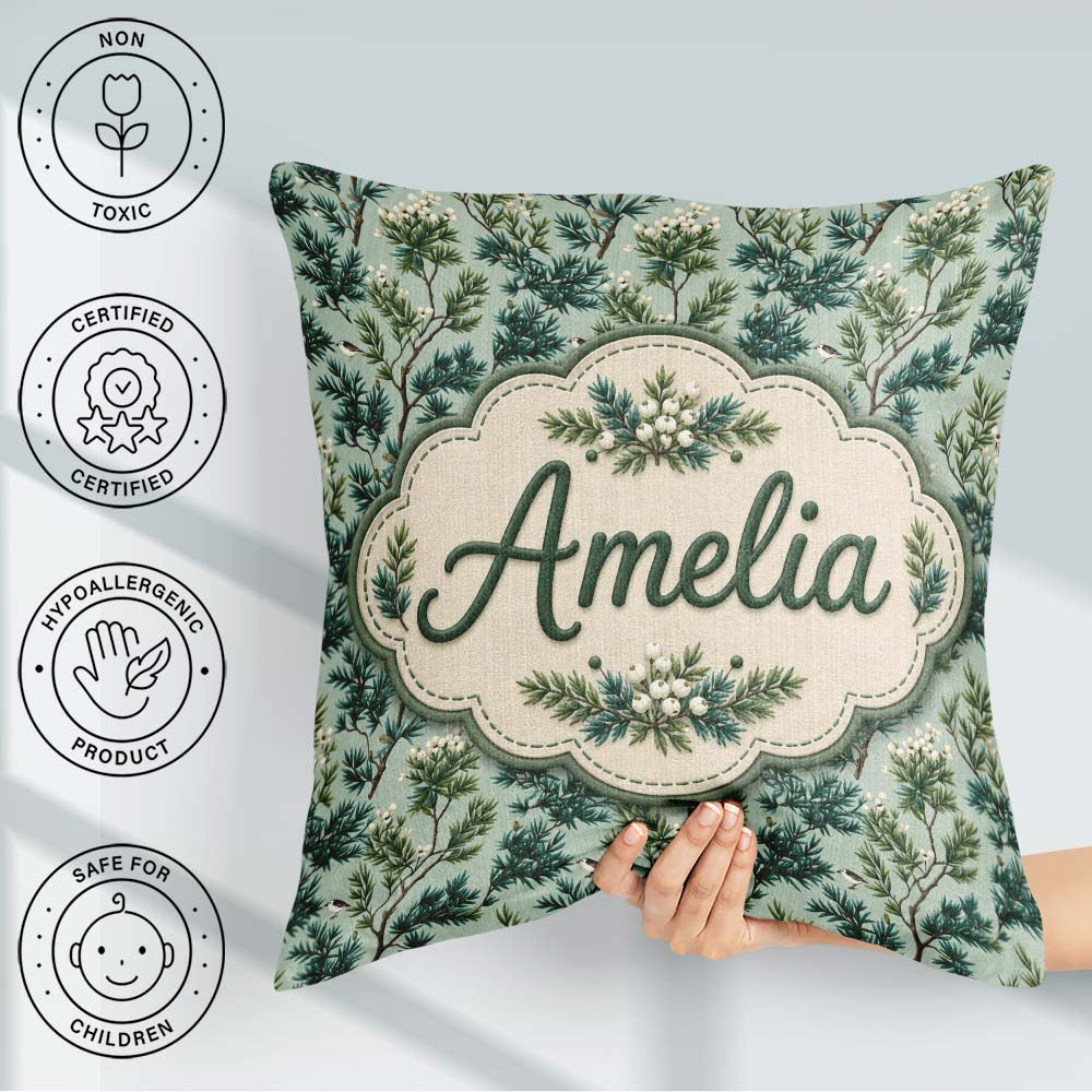 Custom Name Botanical Pine with White Blossoms and Birds on Soft Square Filled Cushion Throw Pillow Sofa Bed Home Decor Zip Washable UK Made