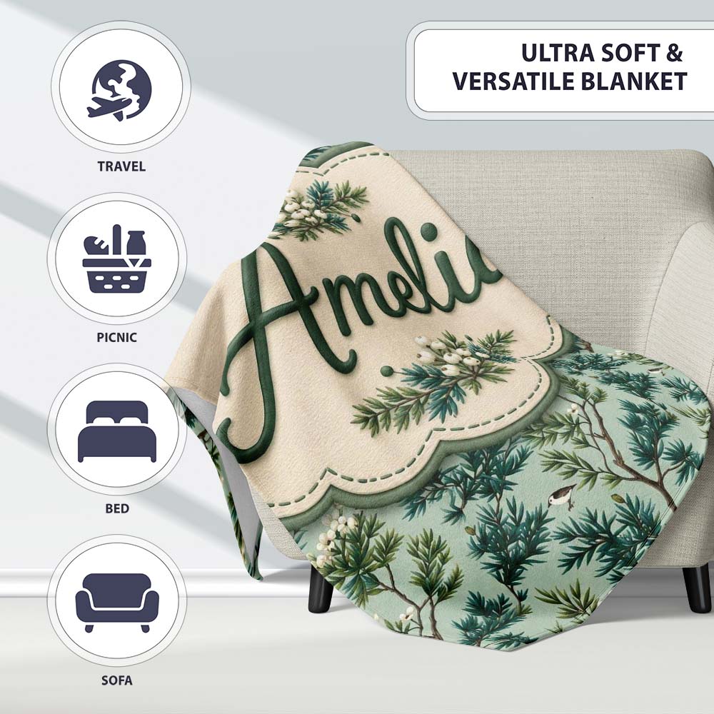 Botanical Pine Branch with White Blossoms and Birds on Soft Green Personalised Custom Name Super Soft Fleece Blanket Bed Sofa Throw