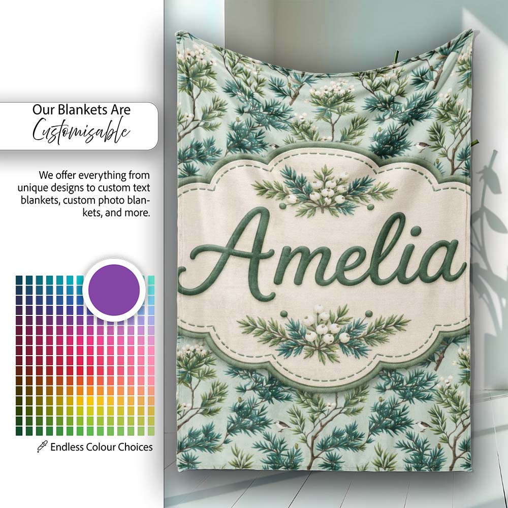 Botanical Pine Branch with White Blossoms and Birds on Soft Green Personalised Custom Name Super Soft Fleece Blanket Bed Sofa Throw