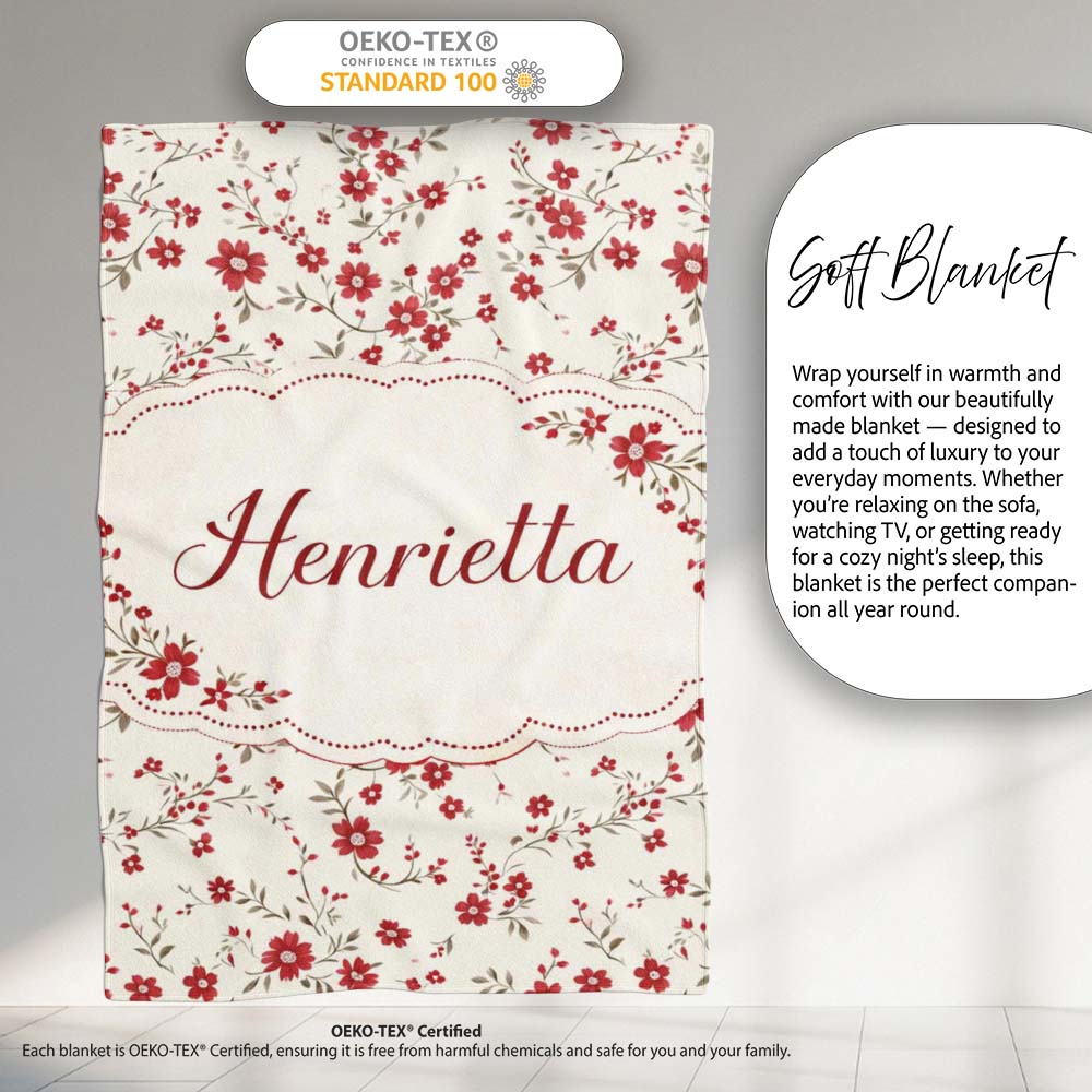 Red Floral Cream Background Seamless Pattern Beautiful Coffee Cup Personalised Custom Name Super Soft Fleece Blanket Bed Sofa Throw
