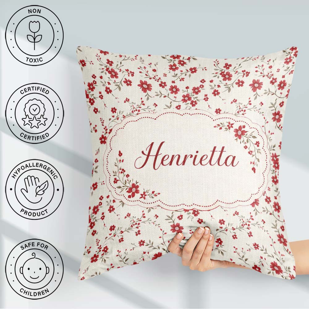 Custom Name Red Floral Cream Background Seamless Pattern Coffee Square Filled Cushion Throw Pillow Sofa Bed Home Decor Zip Washable UK Made