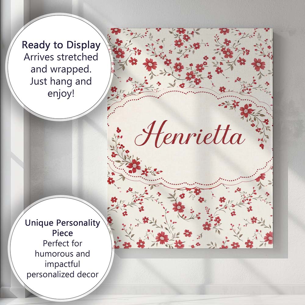 Personalised Name Red Floral Cream Background Seamless Pattern Custom Modern Room Accent Canvas Wall Art Print Decor Picture Ready to Hang