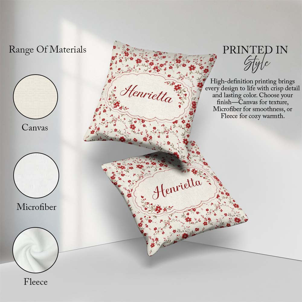 Custom Name Red Floral Cream Background Seamless Pattern Coffee Square Filled Cushion Throw Pillow Sofa Bed Home Decor Zip Washable UK Made
