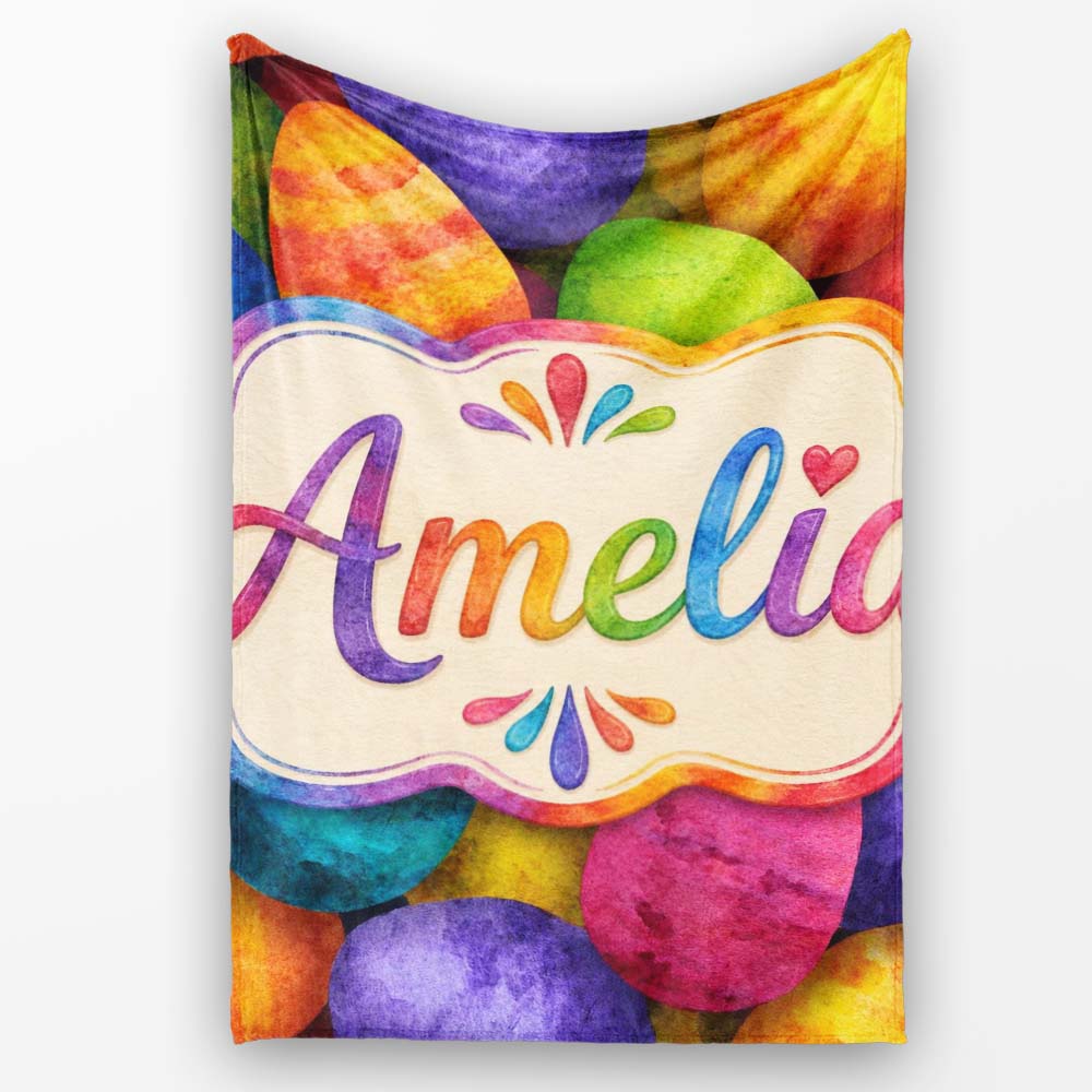 Bright Watercolour Easter Egg Pattern in Vibrant Multicolour Tones Personalised Custom Name Super Soft Fleece Blanket Bed Sofa Throw