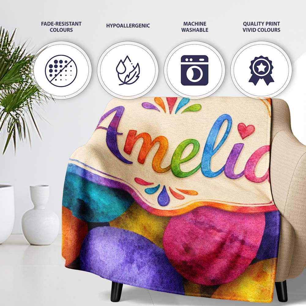Bright Watercolour Easter Egg Pattern in Vibrant Multicolour Tones Personalised Custom Name Super Soft Fleece Blanket Bed Sofa Throw