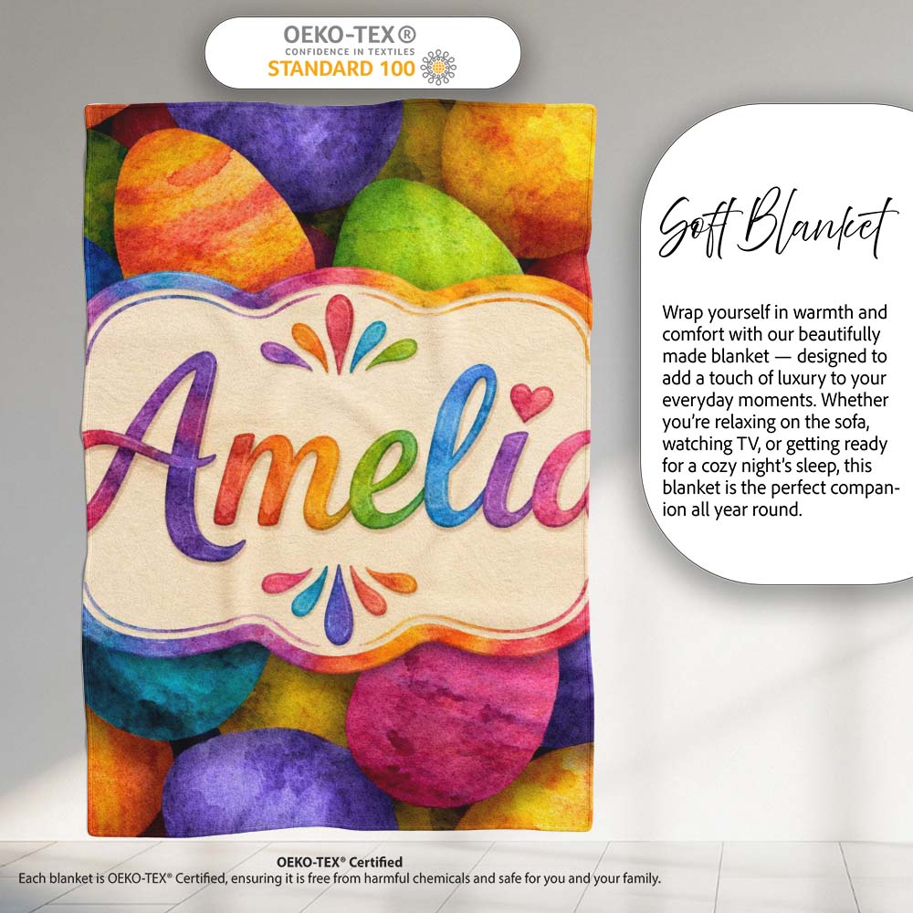 Bright Watercolour Easter Egg Pattern in Vibrant Multicolour Tones Personalised Custom Name Super Soft Fleece Blanket Bed Sofa Throw