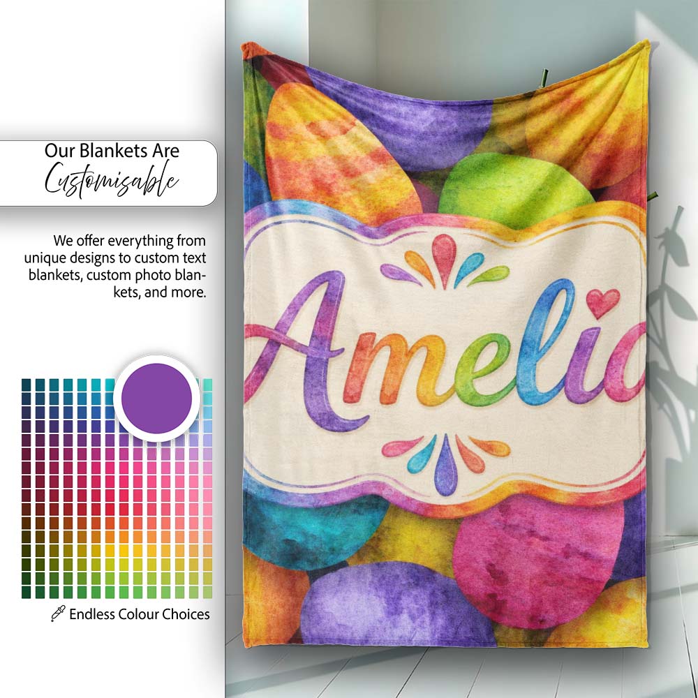 Bright Watercolour Easter Egg Pattern in Vibrant Multicolour Tones Personalised Custom Name Super Soft Fleece Blanket Bed Sofa Throw