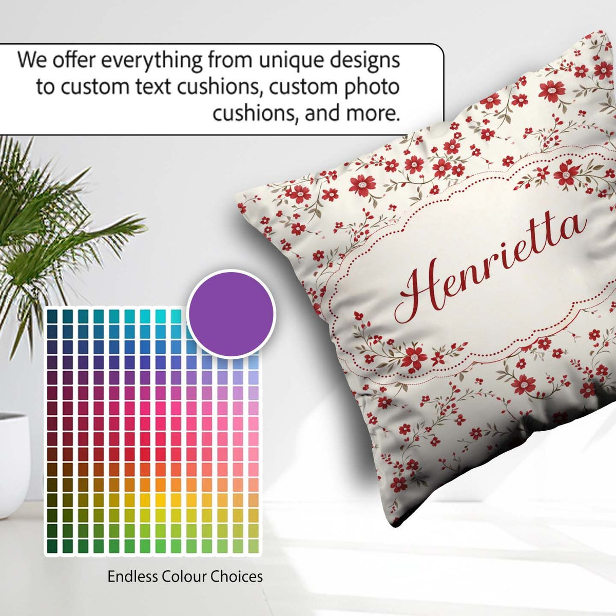 Custom Name Red Floral Cream Background Seamless Pattern Coffee Square Filled Cushion Throw Pillow Sofa Bed Home Decor Zip Washable UK Made