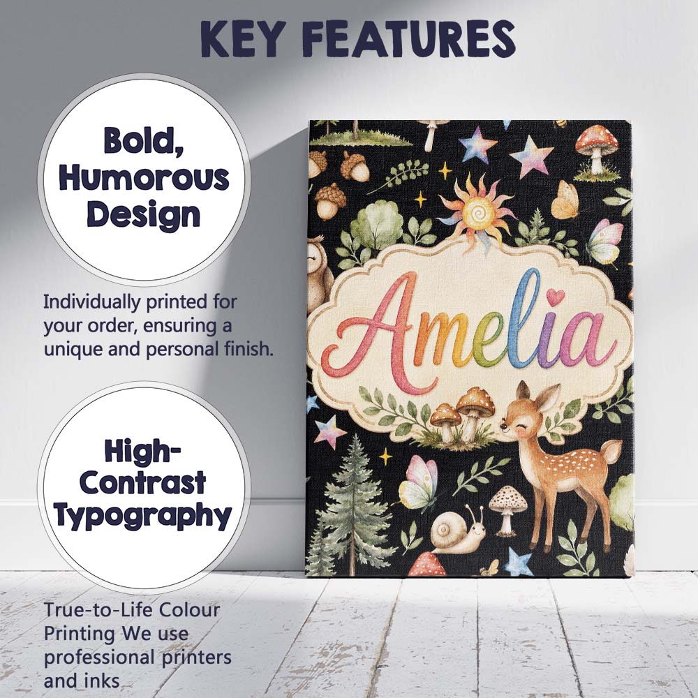 Personalised Name Cute Woodland Animals Custom Modern Room Accent Elegant Feature Canvas Wall Art Print Decor Picture Ready to Hang