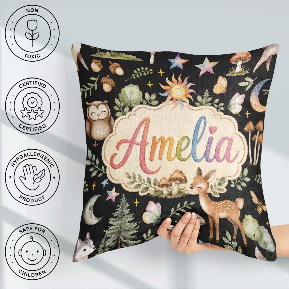 Custom Name Woodland with Deer Owl Mushrooms and Forest Elements Square Filled Cushion Throw Pillow Sofa Bed Home Decor Zip Washable UK Made