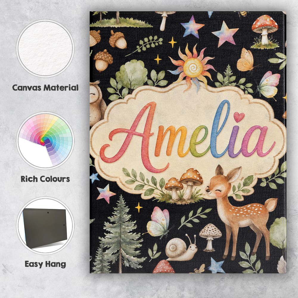 Personalised Name Cute Woodland Animals Custom Modern Room Accent Elegant Feature Canvas Wall Art Print Decor Picture Ready to Hang