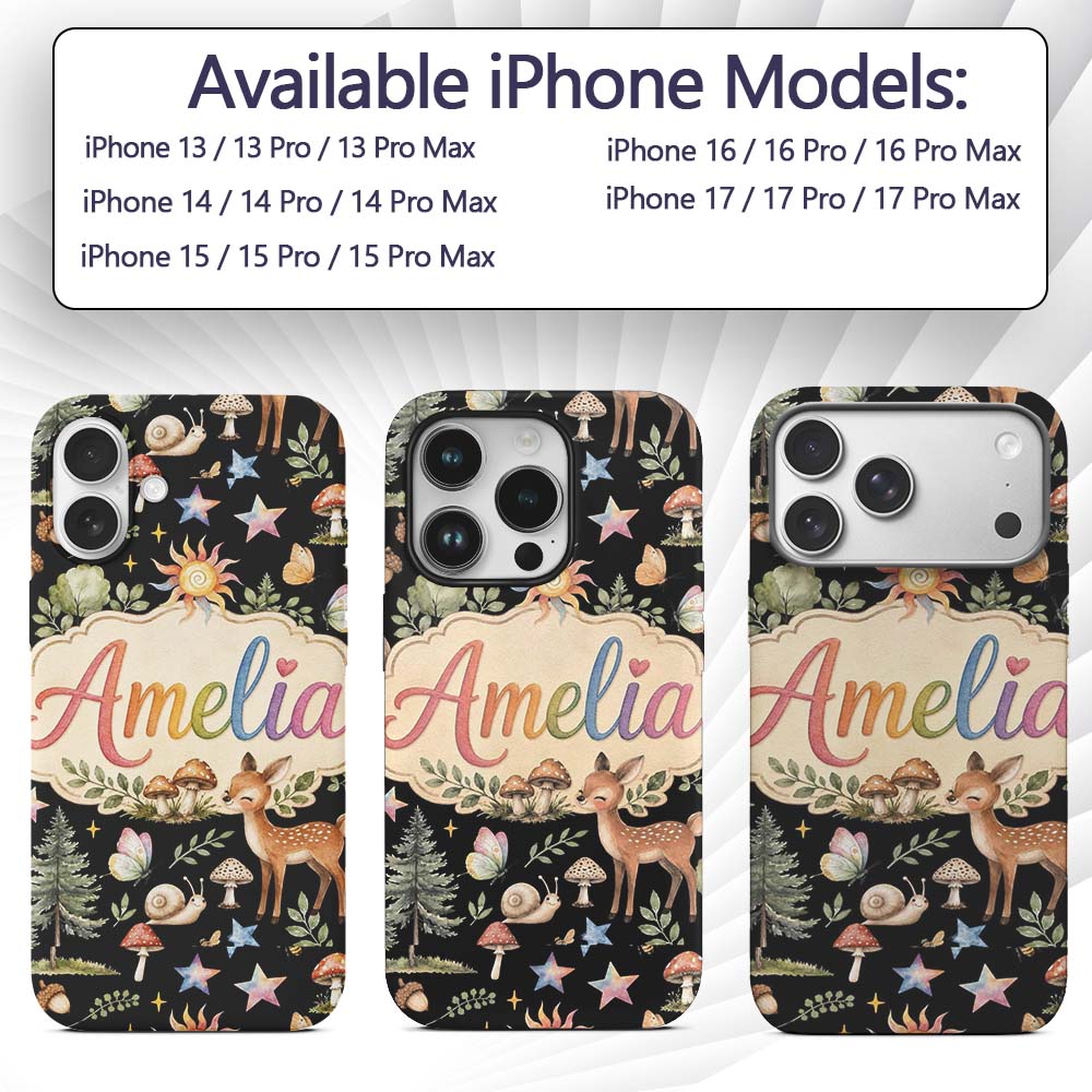Cute Woodland Animals with Deer Owl Mushrooms and Custom Name Protective Phone Case Mobile Cover Durable Everyday Smartphone Shock Resistant
