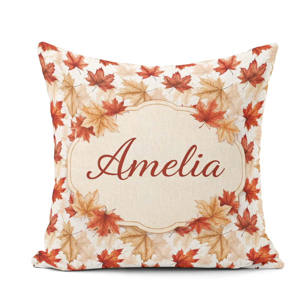 Custom Name Autumn Maple Leaf Pattern in Warm Red Beige Tones on Square Filled Cushion Throw Pillow Sofa Bed Home Decor Zip Washable UK Made