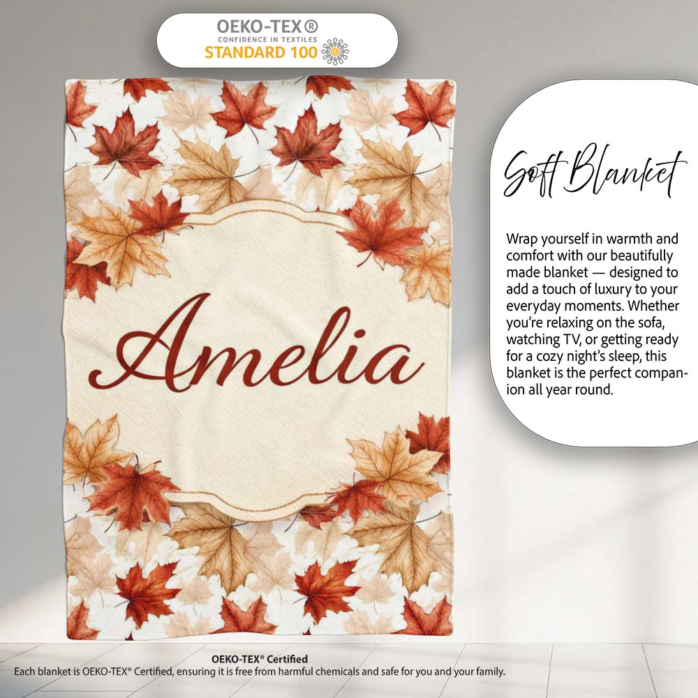 Autumn Maple Leaf Pattern in Warm Red and Beige Tones on Light Personalised Custom Name Super Soft Fleece Blanket Bed Sofa Throw