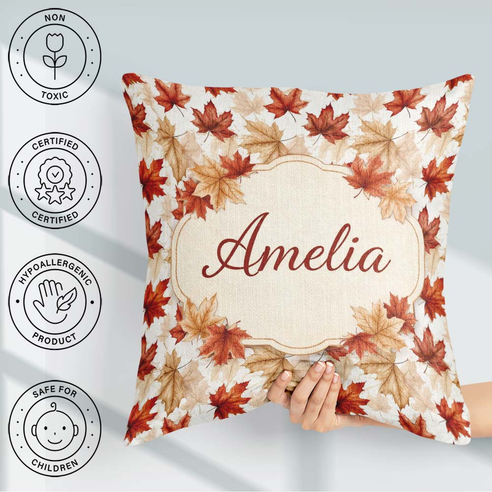 Custom Name Autumn Maple Leaf Pattern in Warm Red Beige Tones on Square Filled Cushion Throw Pillow Sofa Bed Home Decor Zip Washable UK Made