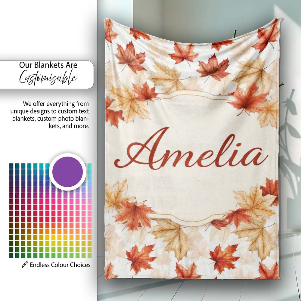 Autumn Maple Leaf Pattern in Warm Red and Beige Tones on Light Personalised Custom Name Super Soft Fleece Blanket Bed Sofa Throw
