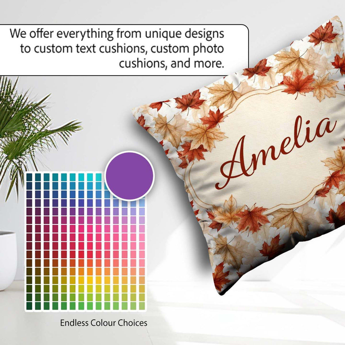 Custom Name Autumn Maple Leaf Pattern in Warm Red Beige Tones on Square Filled Cushion Throw Pillow Sofa Bed Home Decor Zip Washable UK Made