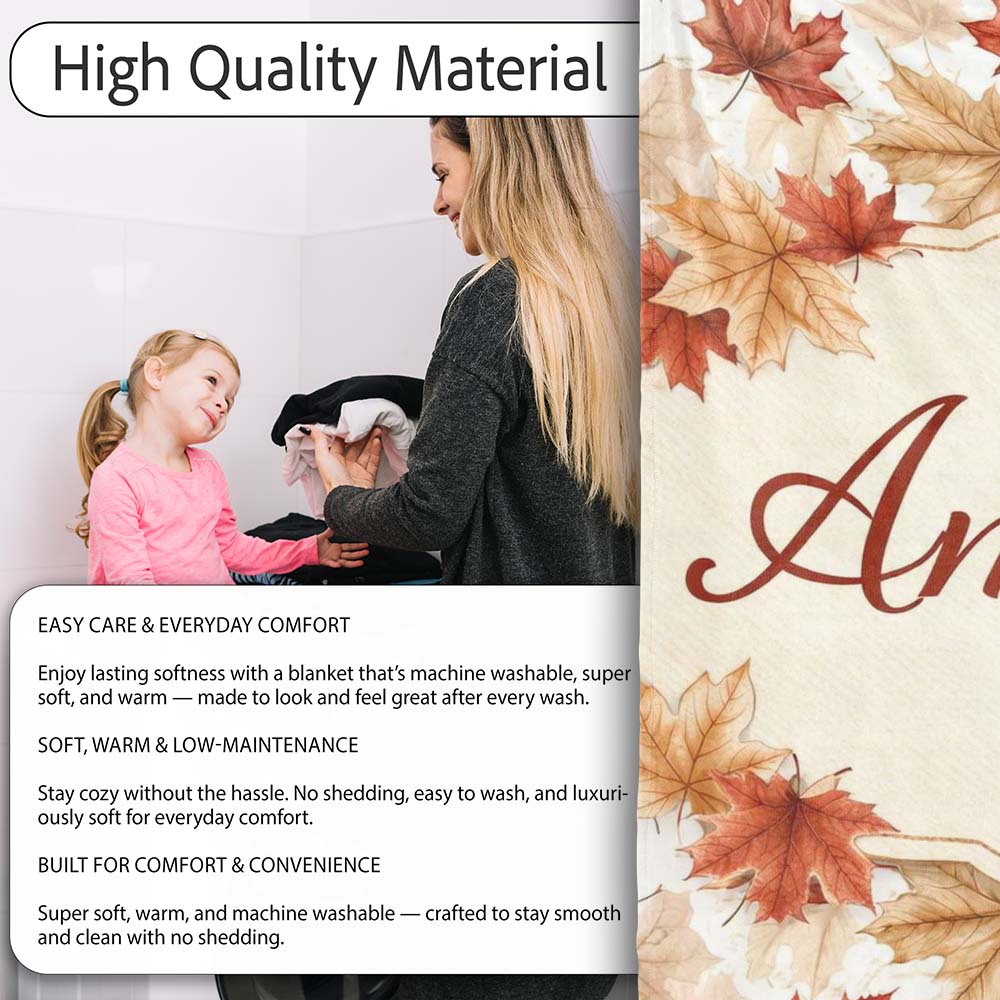 Autumn Maple Leaf Pattern in Warm Red and Beige Tones on Light Personalised Custom Name Super Soft Fleece Blanket Bed Sofa Throw