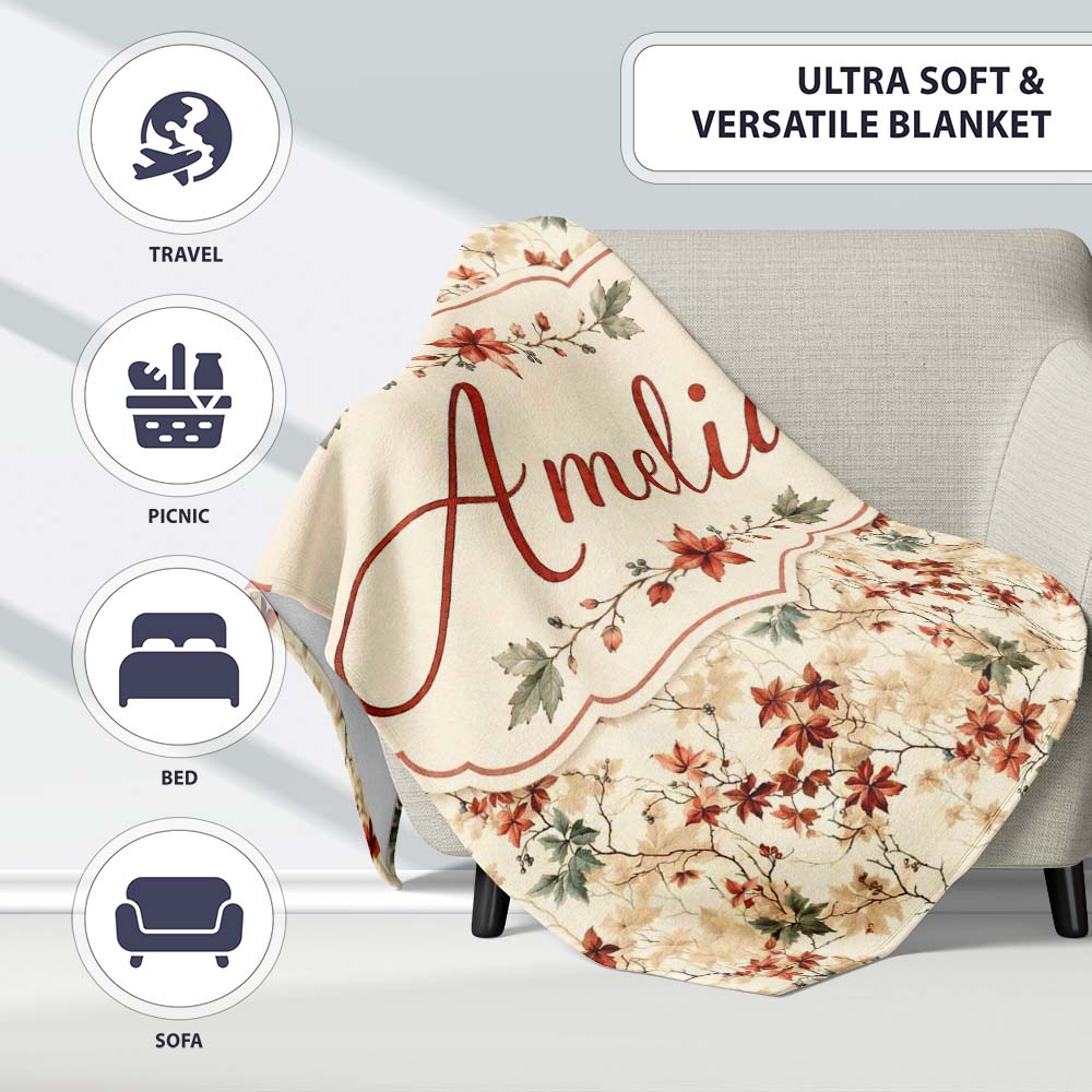 Vintage Floral Branch Pattern with Red Leaves on Neutral Background Personalised Custom Name Super Soft Fleece Blanket Bed Sofa Throw