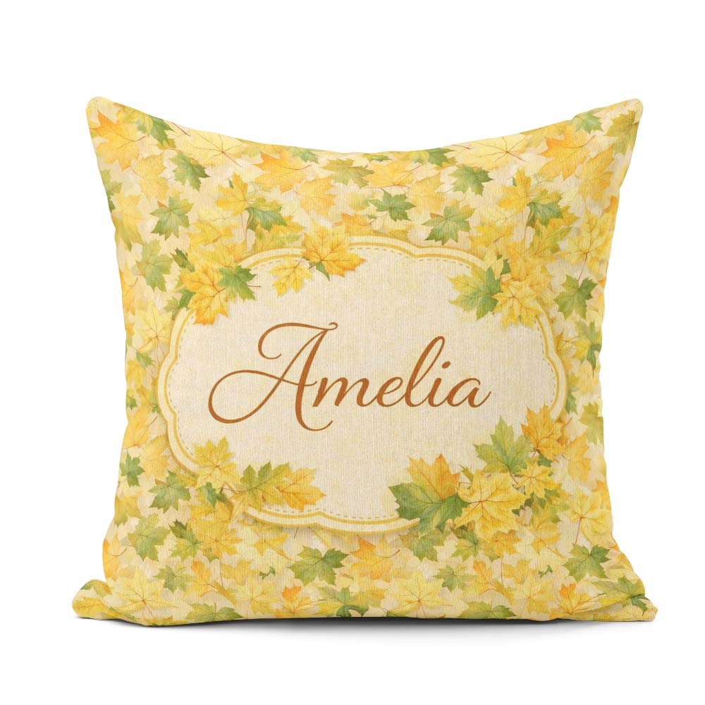 Custom Name Yellow and Green Autumn Leaf Pattern on Soft Neutral Square Filled Cushion Throw Pillow Sofa Bed Home Decor Zip Washable UK Made
