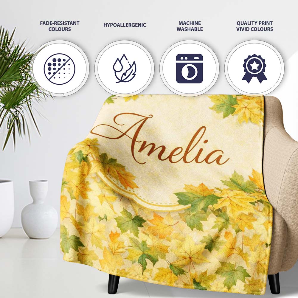 Yellow and Green Autumn Leaf Pattern on Soft Neutral Background Personalised Custom Name Super Soft Fleece Blanket Bed Sofa Throw
