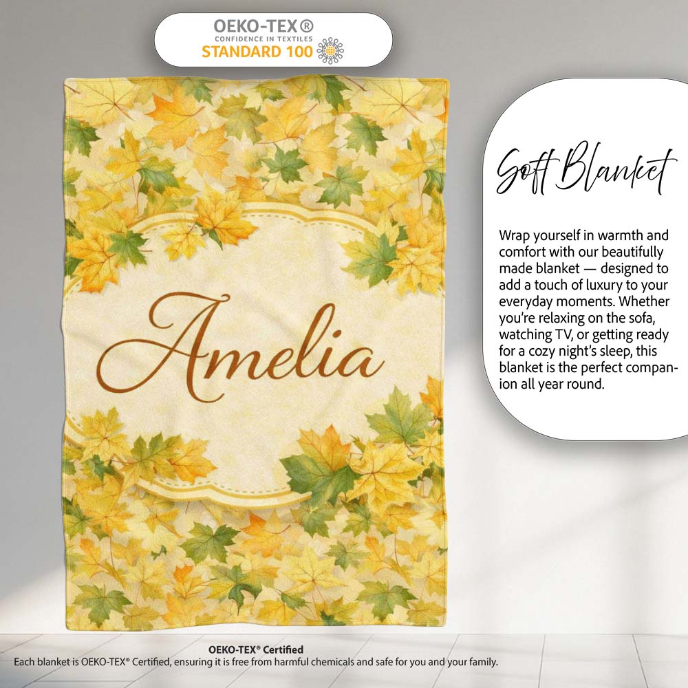 Yellow and Green Autumn Leaf Pattern on Soft Neutral Background Personalised Custom Name Super Soft Fleece Blanket Bed Sofa Throw