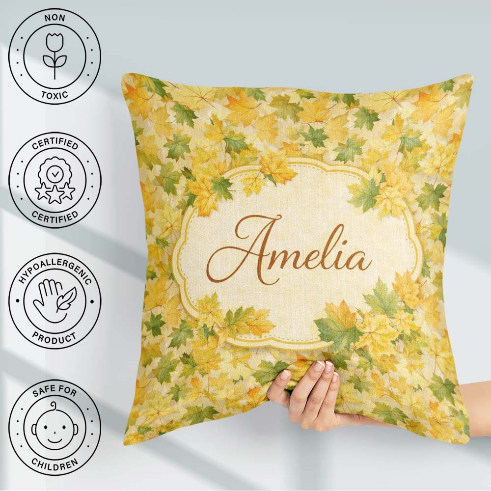 Custom Name Yellow and Green Autumn Leaf Pattern on Soft Neutral Square Filled Cushion Throw Pillow Sofa Bed Home Decor Zip Washable UK Made