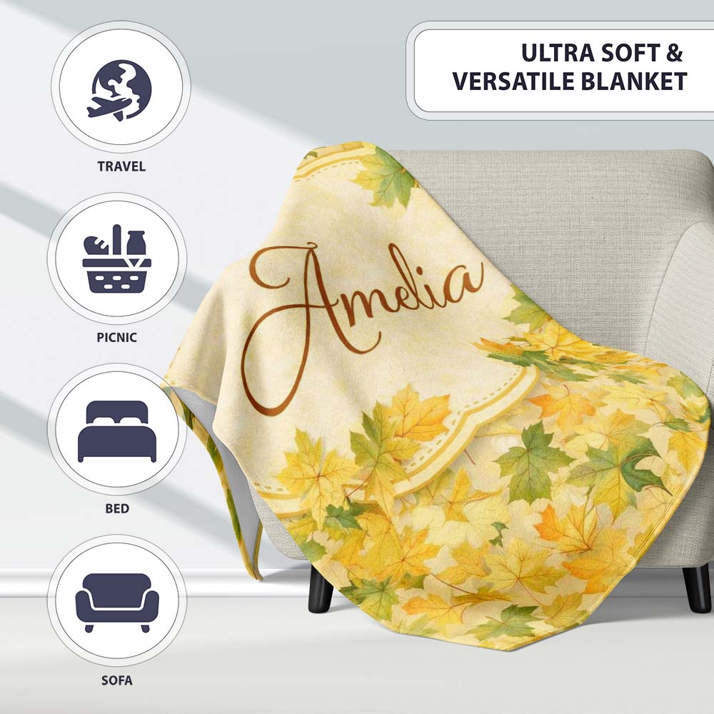 Yellow and Green Autumn Leaf Pattern on Soft Neutral Background Personalised Custom Name Super Soft Fleece Blanket Bed Sofa Throw