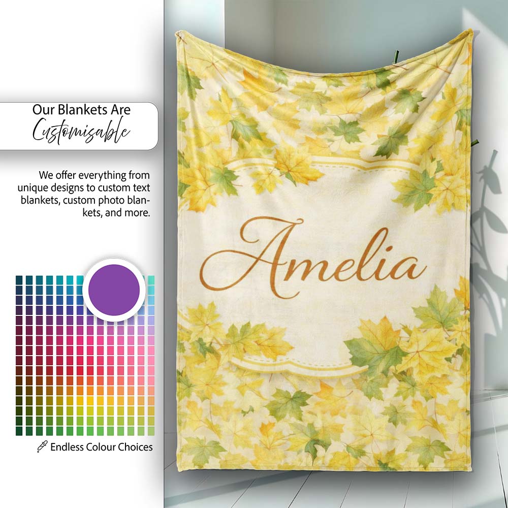 Yellow and Green Autumn Leaf Pattern on Soft Neutral Background Personalised Custom Name Super Soft Fleece Blanket Bed Sofa Throw