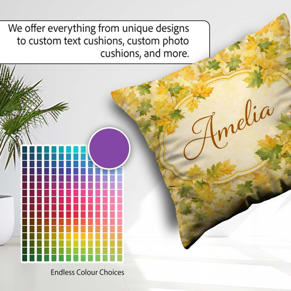 Custom Name Yellow and Green Autumn Leaf Pattern on Soft Neutral Square Filled Cushion Throw Pillow Sofa Bed Home Decor Zip Washable UK Made