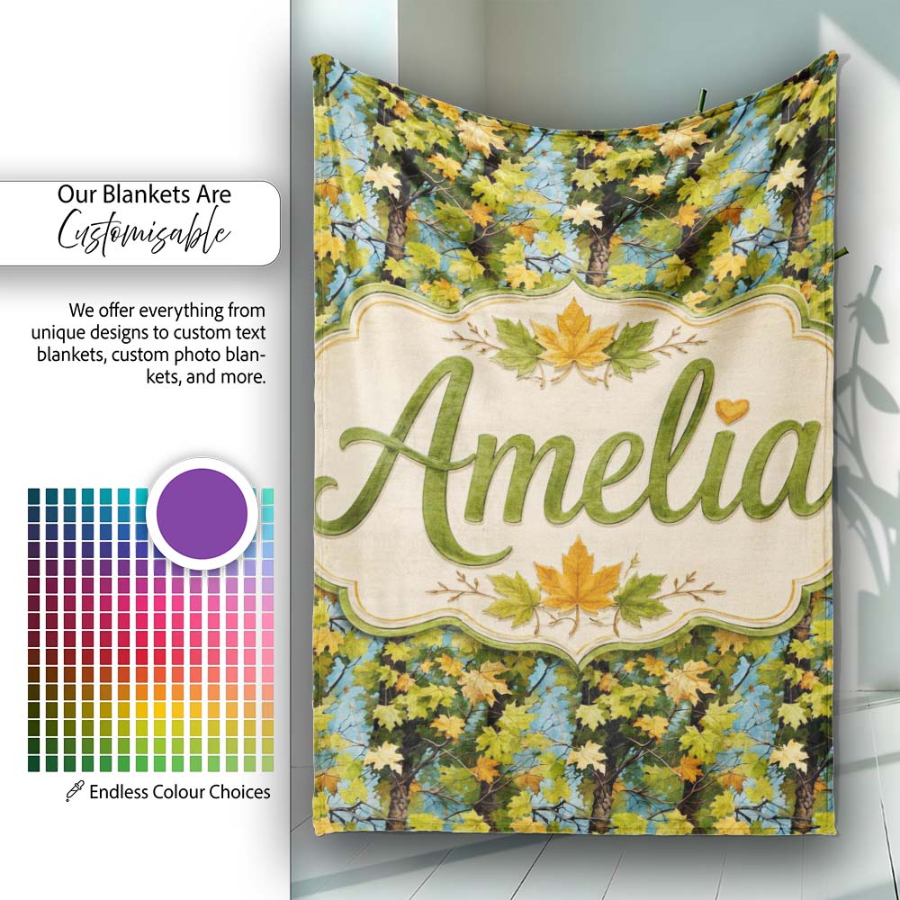 Autumn Tree Branch Pattern with Green and Yellow Leaves on Blue Personalised Custom Name Super Soft Fleece Blanket Bed Sofa Throw