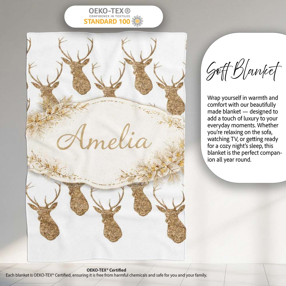Gold Glitter Deer Seamless Pattern Thoughtful Gift Idea Lovely Personalised Custom Name Super Soft Fleece Blanket Bed Sofa Throw