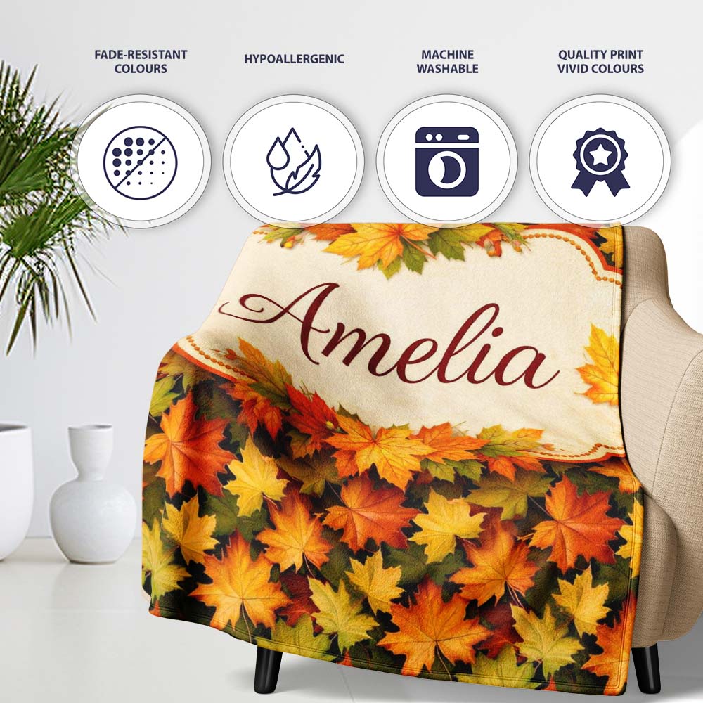 Vibrant Autumn Leaf Pattern with Mixed Maple Leaves on Dark Lovely Personalised Custom Name Super Soft Fleece Blanket Bed Sofa Throw