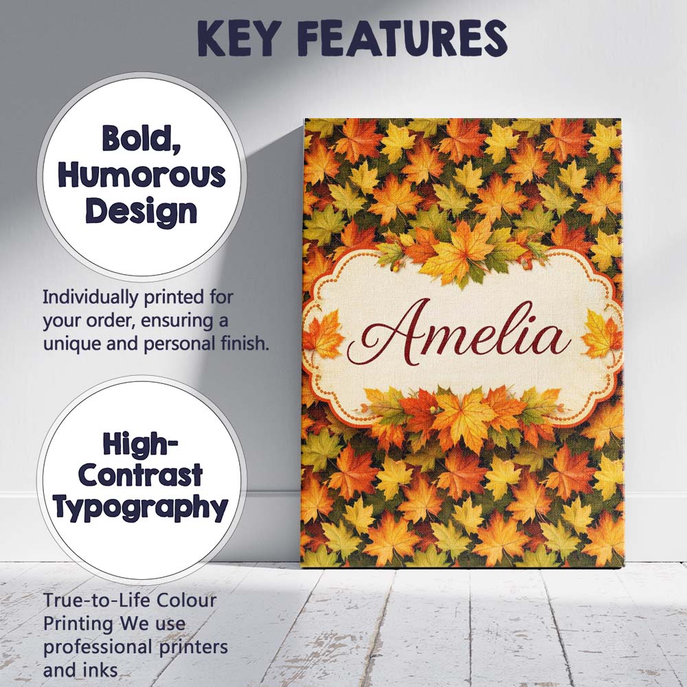 Personalised Name Vibrant Autumn Leaf Custom Modern Room Accent Creative Decorator Style Canvas Wall Art Print Decor Picture Ready to Hang