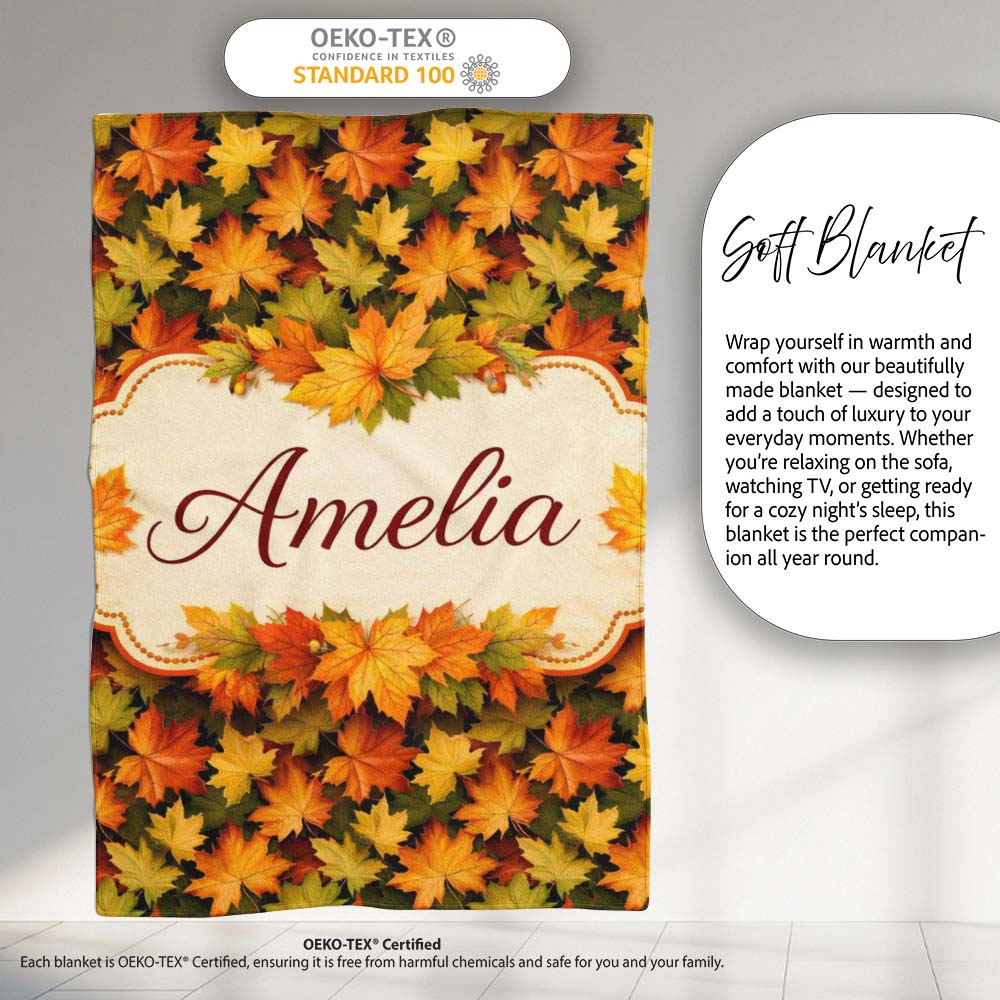 Vibrant Autumn Leaf Pattern with Mixed Maple Leaves on Dark Lovely Personalised Custom Name Super Soft Fleece Blanket Bed Sofa Throw
