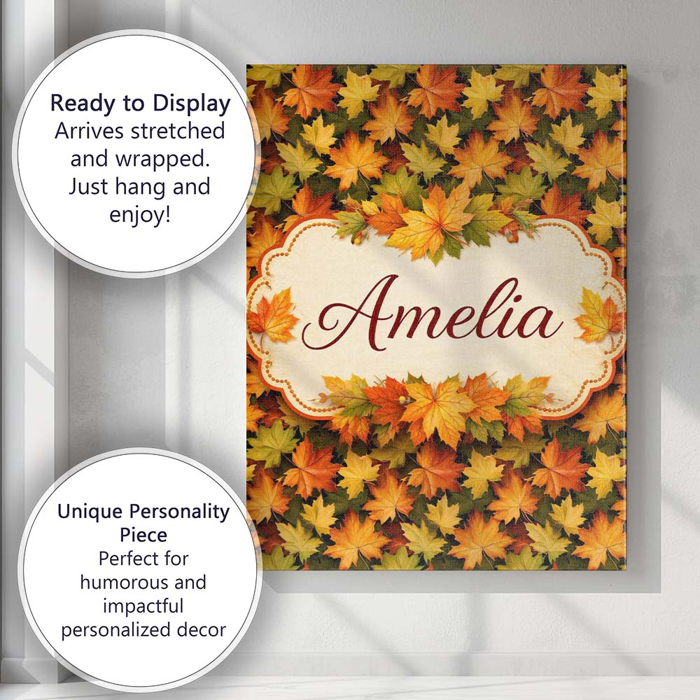 Personalised Name Vibrant Autumn Leaf Custom Modern Room Accent Creative Decorator Style Canvas Wall Art Print Decor Picture Ready to Hang