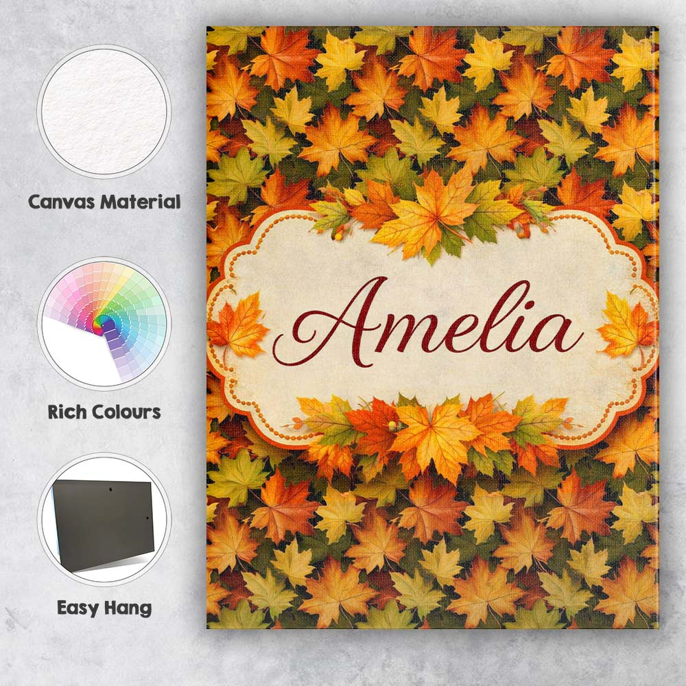 Personalised Name Vibrant Autumn Leaf Custom Modern Room Accent Creative Decorator Style Canvas Wall Art Print Decor Picture Ready to Hang