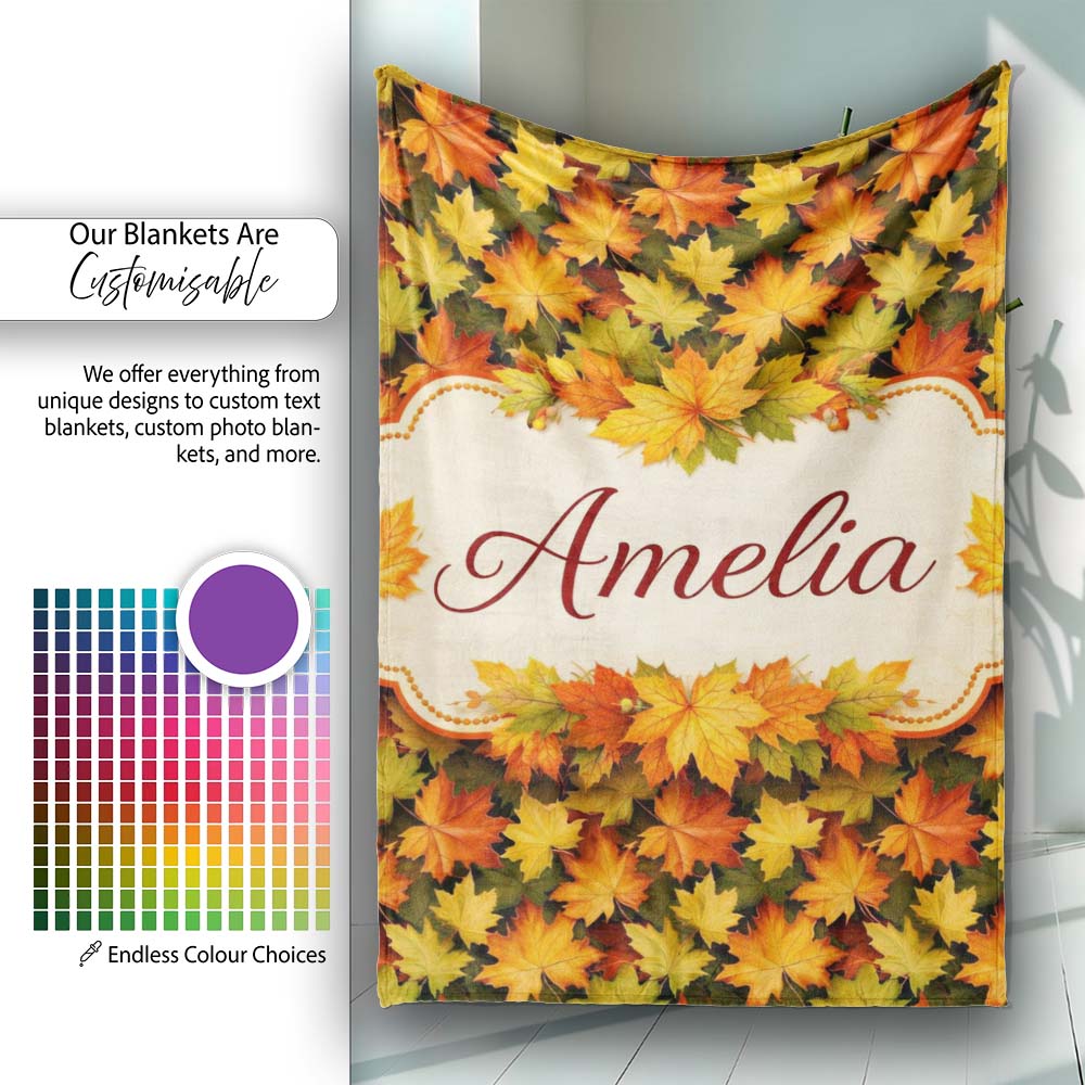 Vibrant Autumn Leaf Pattern with Mixed Maple Leaves on Dark Lovely Personalised Custom Name Super Soft Fleece Blanket Bed Sofa Throw