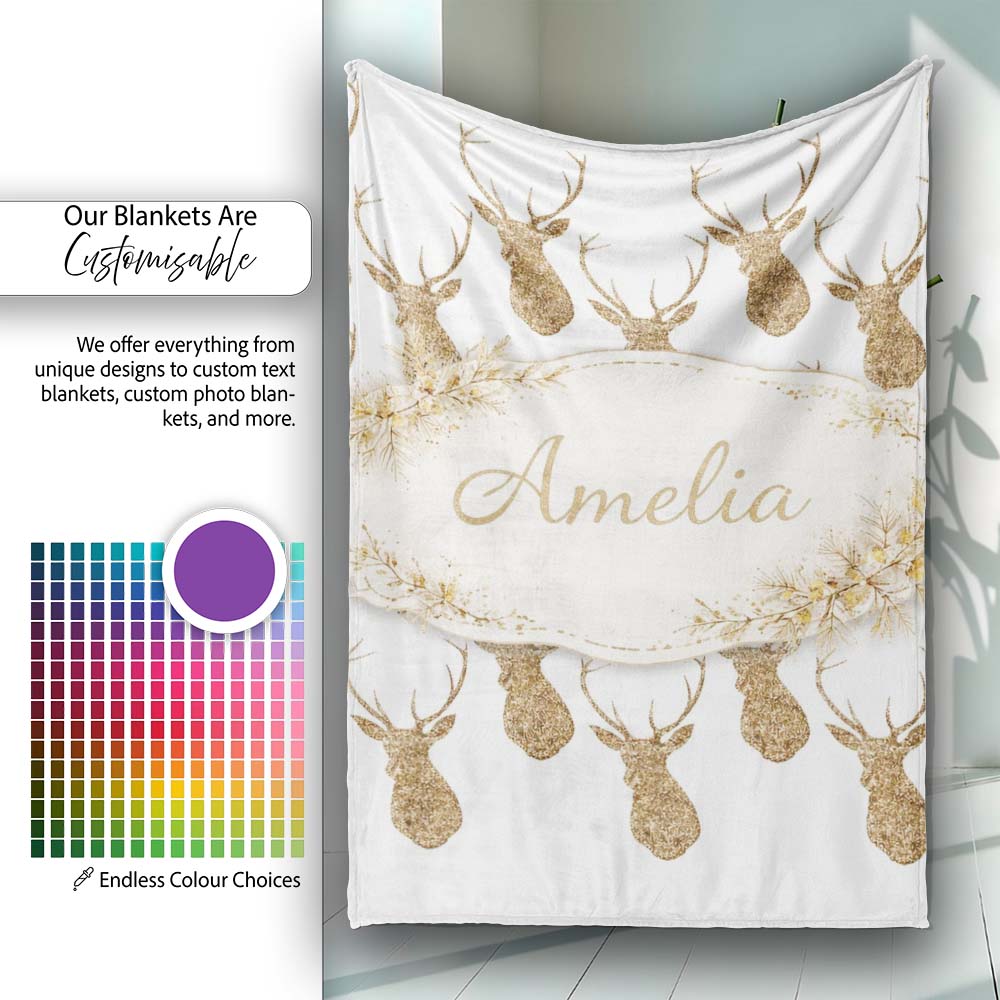 Gold Glitter Deer Seamless Pattern Thoughtful Gift Idea Lovely Personalised Custom Name Super Soft Fleece Blanket Bed Sofa Throw