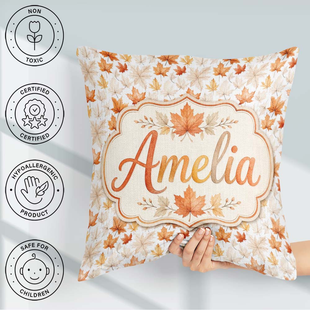 Custom Name Soft Maple Leaves in Beige and Warm Orange on Light Square Filled Cushion Throw Pillow Sofa Bed Home Decor Zip Washable UK Made