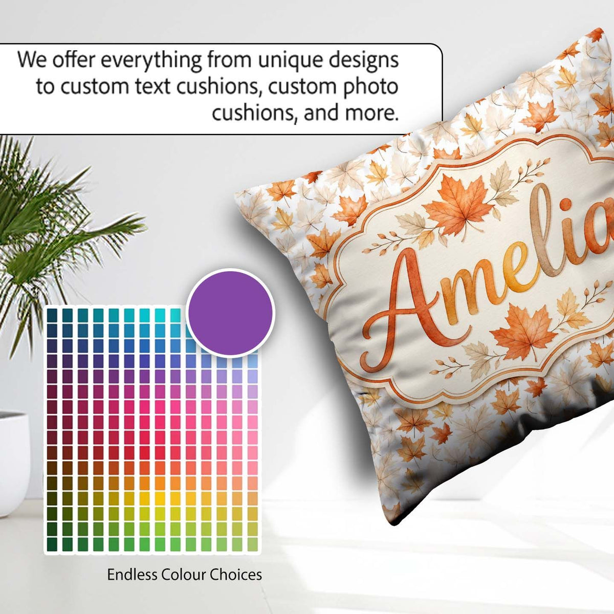 Custom Name Soft Maple Leaves in Beige and Warm Orange on Light Square Filled Cushion Throw Pillow Sofa Bed Home Decor Zip Washable UK Made