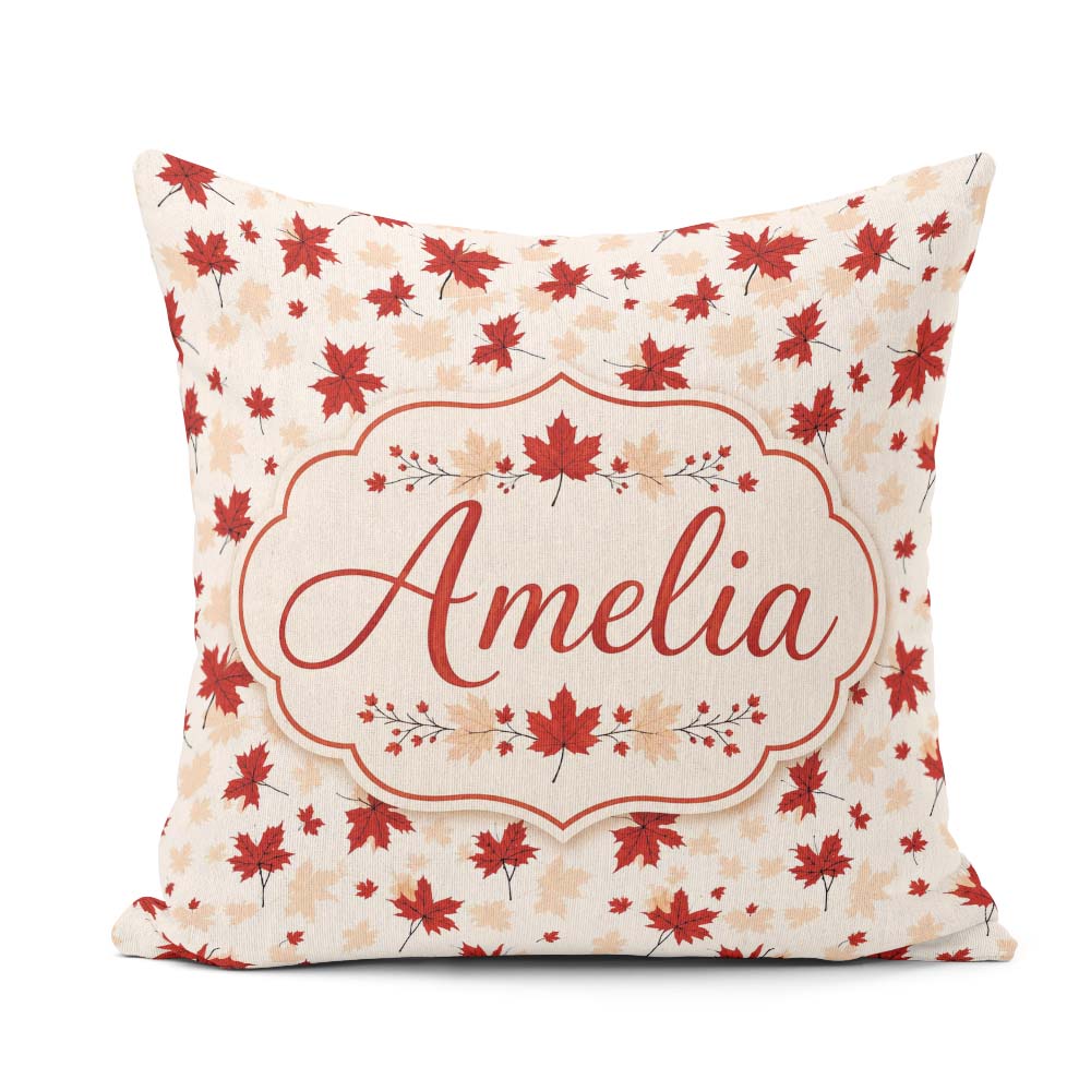 Custom Name Bold Red Maple Leaves with Subtle Beige Leaf Shadows Square Filled Cushion Throw Pillow Sofa Bed Home Decor Zip Washable UK Made