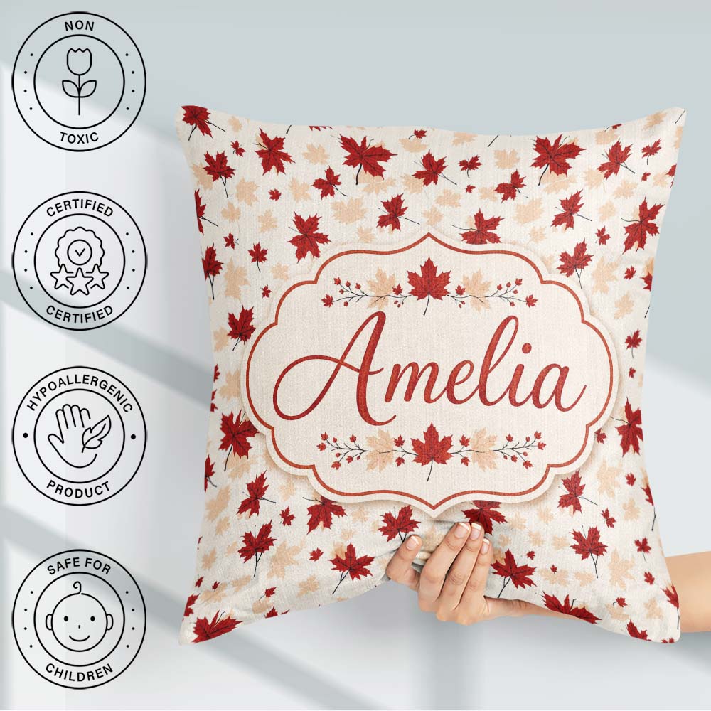 Custom Name Bold Red Maple Leaves with Subtle Beige Leaf Shadows Square Filled Cushion Throw Pillow Sofa Bed Home Decor Zip Washable UK Made