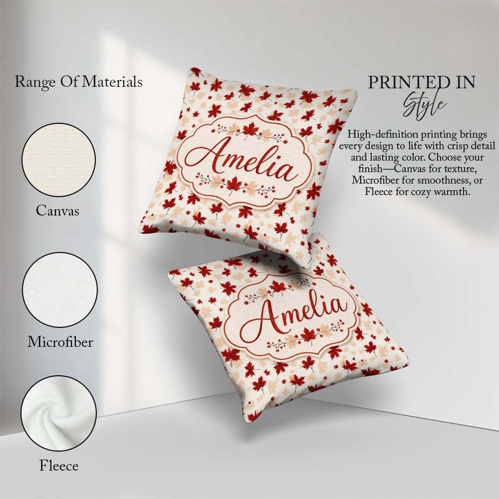Custom Name Bold Red Maple Leaves with Subtle Beige Leaf Shadows Square Filled Cushion Throw Pillow Sofa Bed Home Decor Zip Washable UK Made
