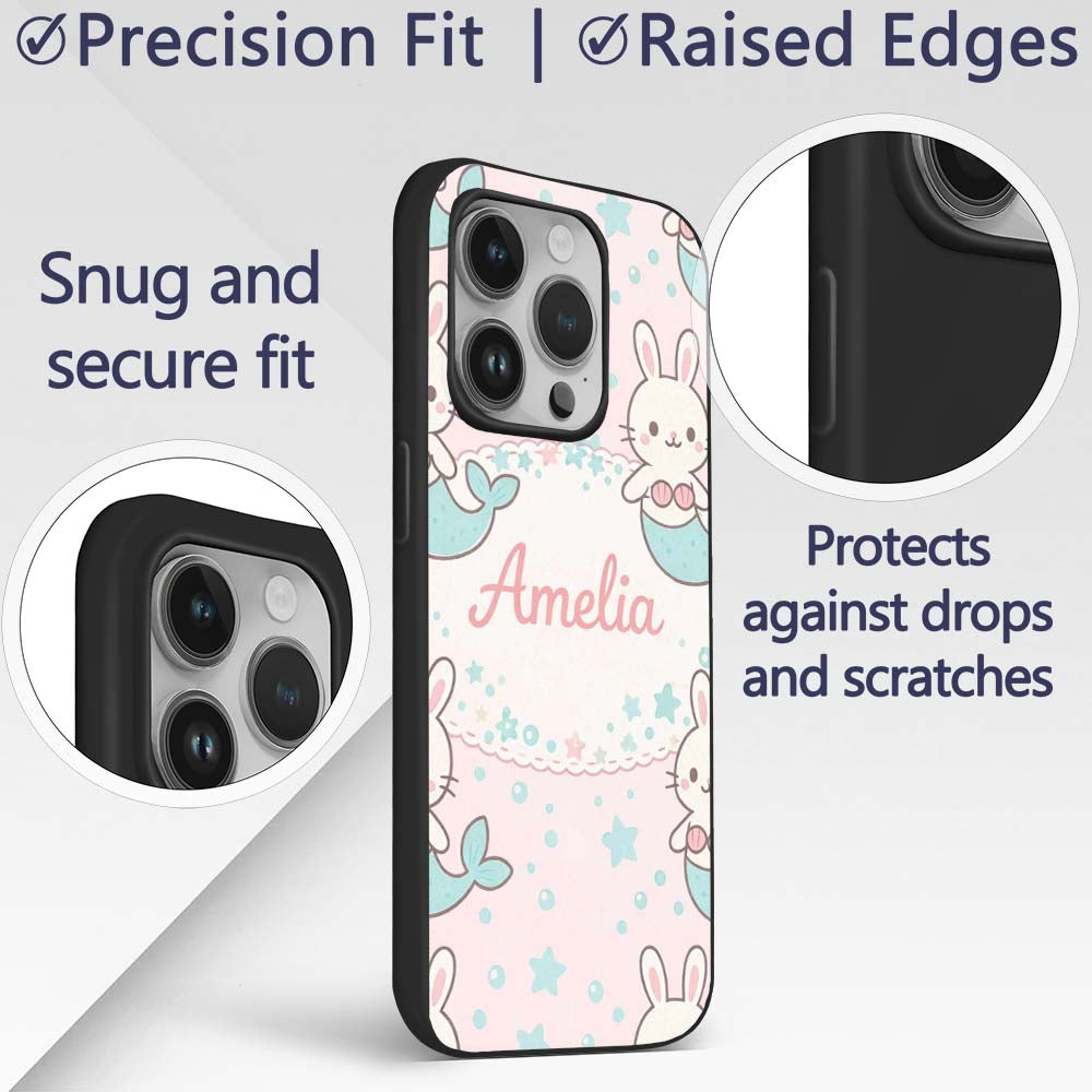 Cute Bunny Mermaid Cartoon Animal Printed Design Custom Name Protective Phone Case Mobile Cover Durable Everyday Smartphone Shock Resistant