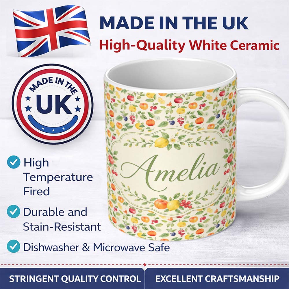 Personalized Custom Name Fresh Citrus Kiwi and Apple Fruit Seamless Pattern Cute Unique Gift 11oz Ceramic Coffee Tea Mug White Large Handle