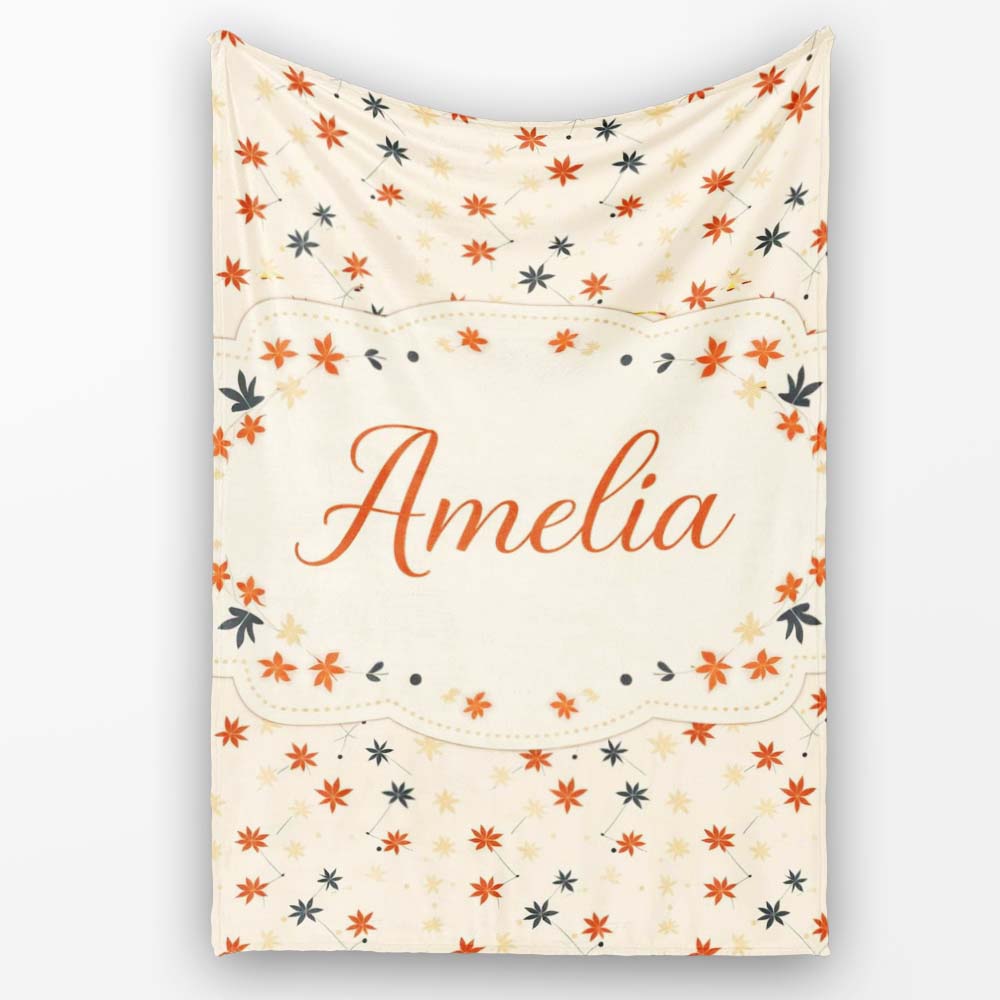 Small Stylised Autumn Leaves in Red and Dark Teal on Beige Lovely Personalised Custom Name Super Soft Fleece Blanket Bed Sofa Throw