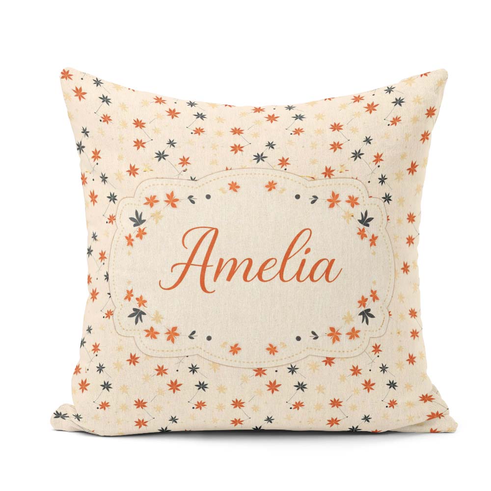 Custom Name Small Stylised Autumn Leaves in Red and Dark Teal on Square Filled Cushion Throw Pillow Sofa Bed Home Decor Zip Washable UK Made