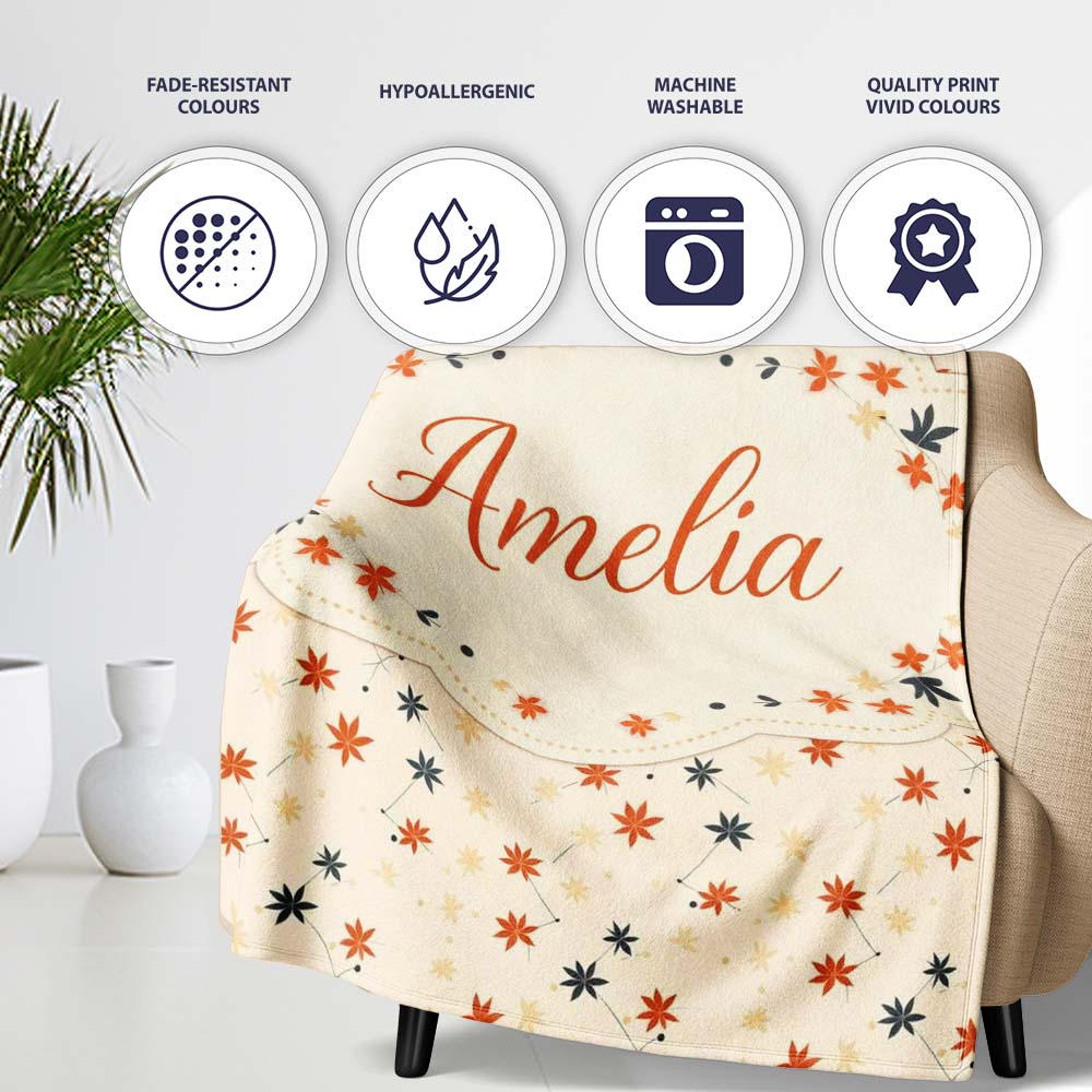 Small Stylised Autumn Leaves in Red and Dark Teal on Beige Lovely Personalised Custom Name Super Soft Fleece Blanket Bed Sofa Throw